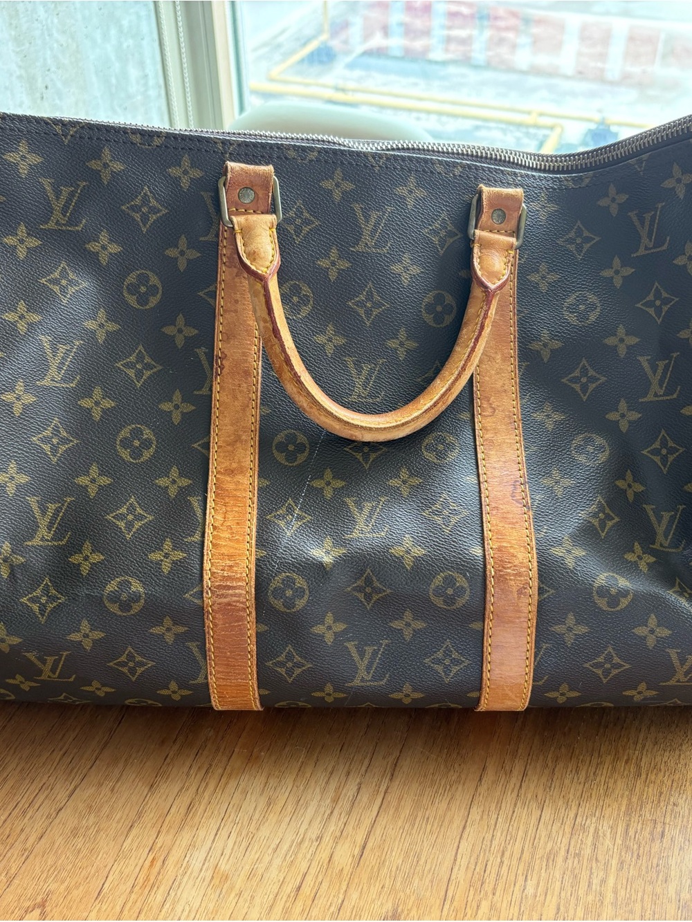 Authentic Louis Vuitton Monogram Canvas Keepall 55 Duffel in Brown and Tan